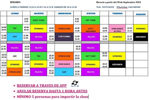 HORARIOS DE LAS CLASES COLECTIVAS DEL CURSO 2025